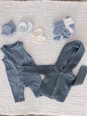 Carter’s Newborn Blue Knit Hooded Cardigan & Ribbed Romper Set